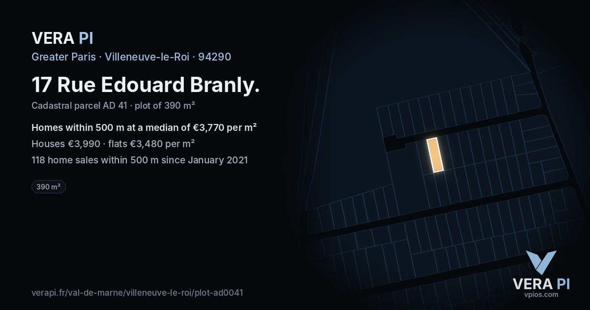 17 Rue Edouard Branly, Villeneuve-le-Roi at night – the plot lit, the parcels around coloured by the prices near them