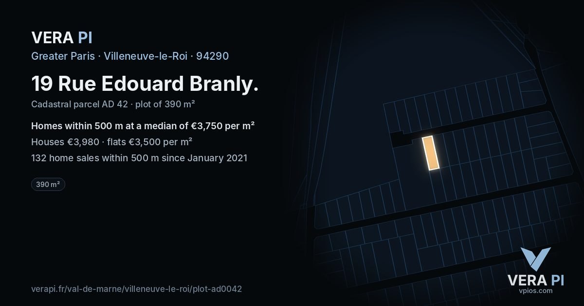 19 Rue Edouard Branly, Villeneuve-le-Roi at night – the plot lit, the parcels around coloured by the prices near them