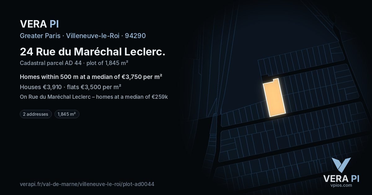 24 Rue du Maréchal Leclerc, Villeneuve-le-Roi at night – the plot lit, the parcels around coloured by the prices near them