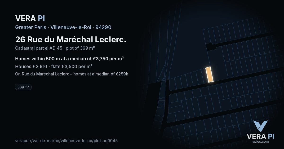 26 Rue du Maréchal Leclerc, Villeneuve-le-Roi at night – the plot lit, the parcels around coloured by the prices near them