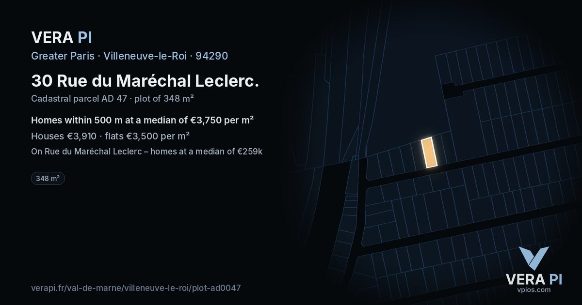30 Rue du Maréchal Leclerc, Villeneuve-le-Roi at night – the plot lit, the parcels around coloured by the prices near them
