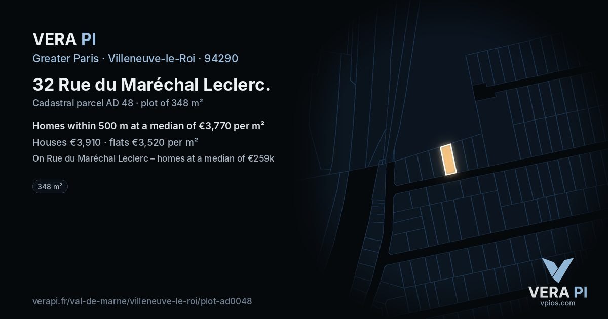 32 Rue du Maréchal Leclerc, Villeneuve-le-Roi at night – the plot lit, the parcels around coloured by the prices near them