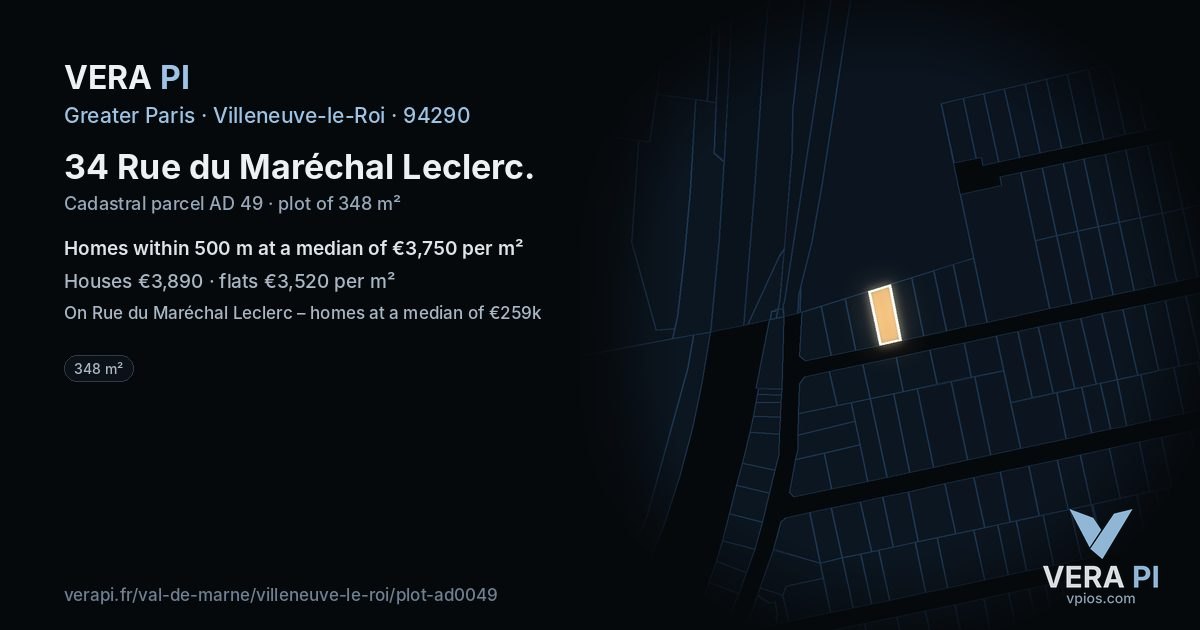 34 Rue du Maréchal Leclerc, Villeneuve-le-Roi at night – the plot lit, the parcels around coloured by the prices near them