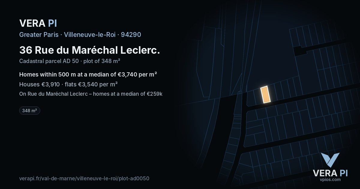 36 Rue du Maréchal Leclerc, Villeneuve-le-Roi at night – the plot lit, the parcels around coloured by the prices near them