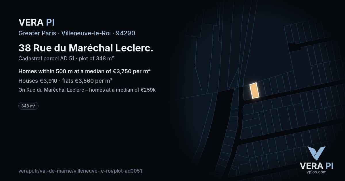 38 Rue du Maréchal Leclerc, Villeneuve-le-Roi at night – the plot lit, the parcels around coloured by the prices near them