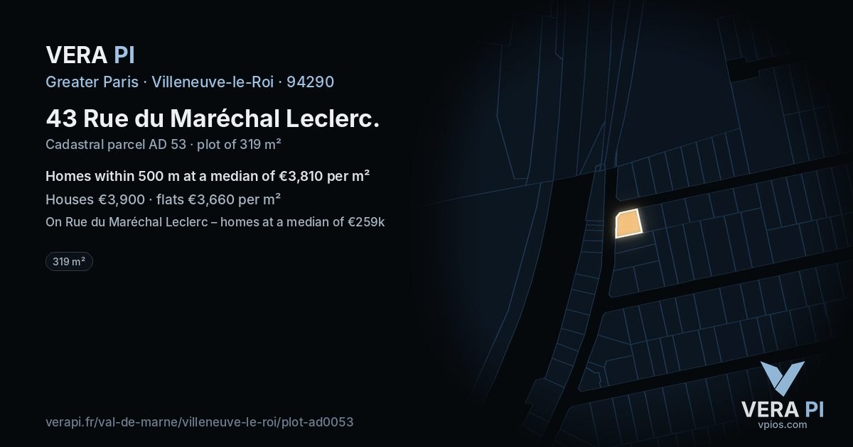 43 Rue du Maréchal Leclerc, Villeneuve-le-Roi at night – the plot lit, the parcels around coloured by the prices near them