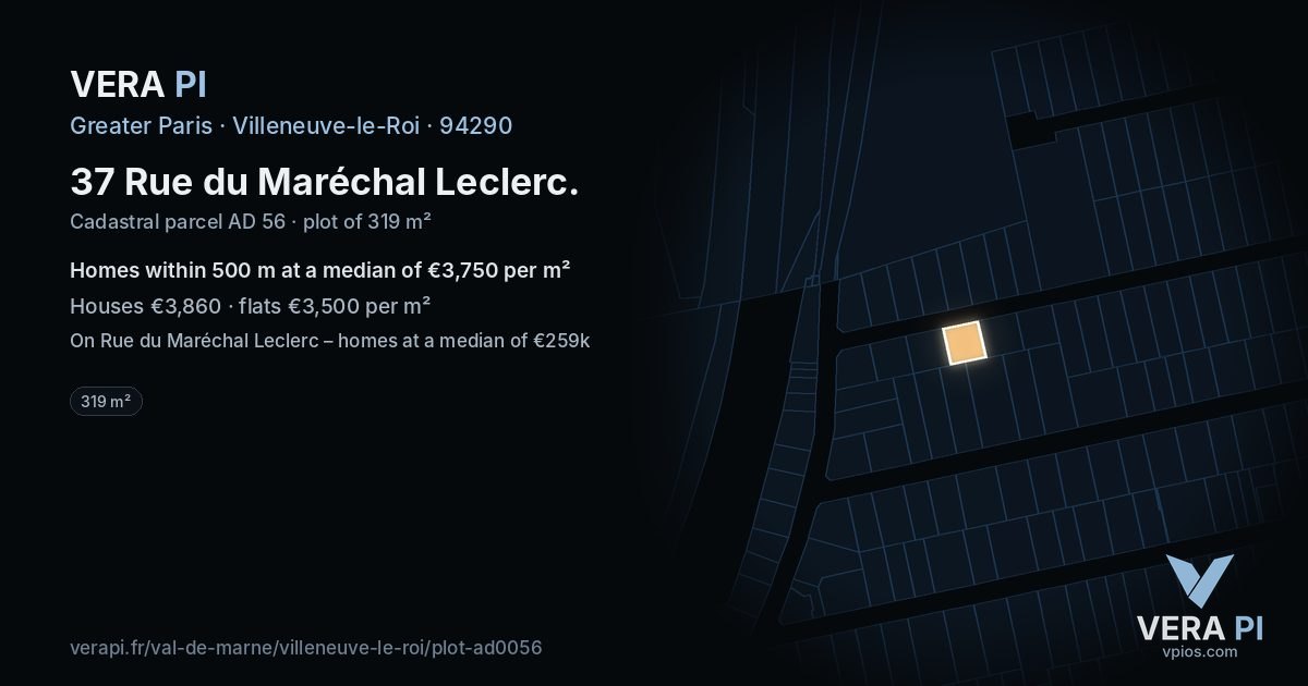37 Rue du Maréchal Leclerc, Villeneuve-le-Roi at night – the plot lit, the parcels around coloured by the prices near them