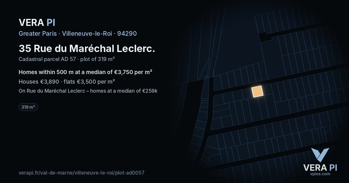 35 Rue du Maréchal Leclerc, Villeneuve-le-Roi at night – the plot lit, the parcels around coloured by the prices near them