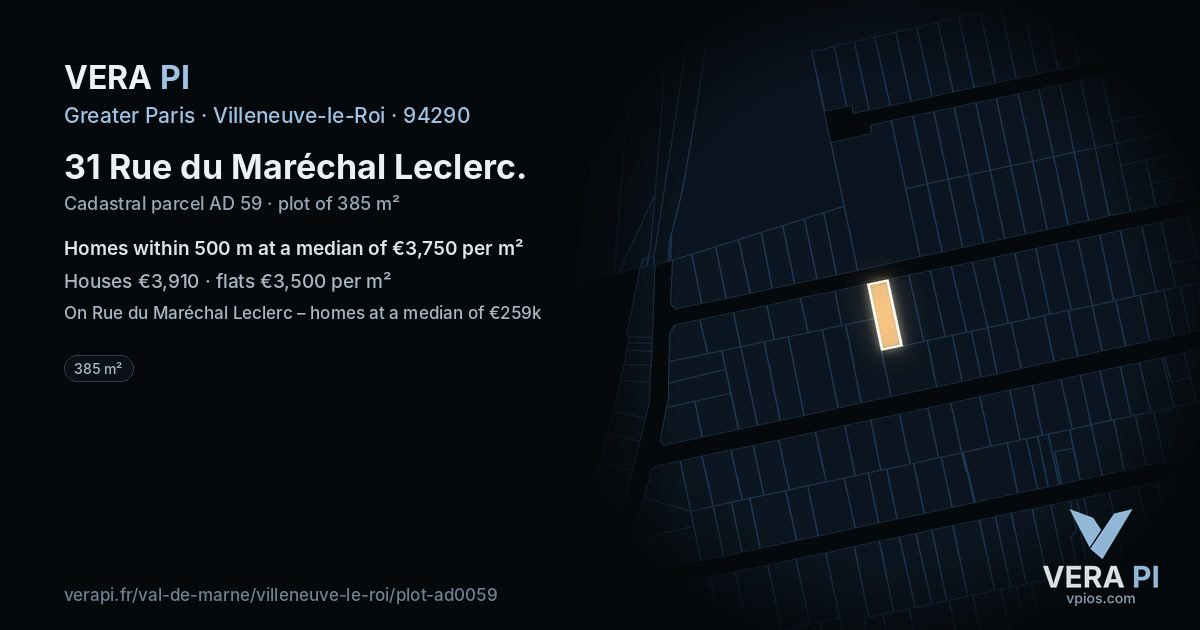 31 Rue du Maréchal Leclerc, Villeneuve-le-Roi at night – the plot lit, the parcels around coloured by the prices near them