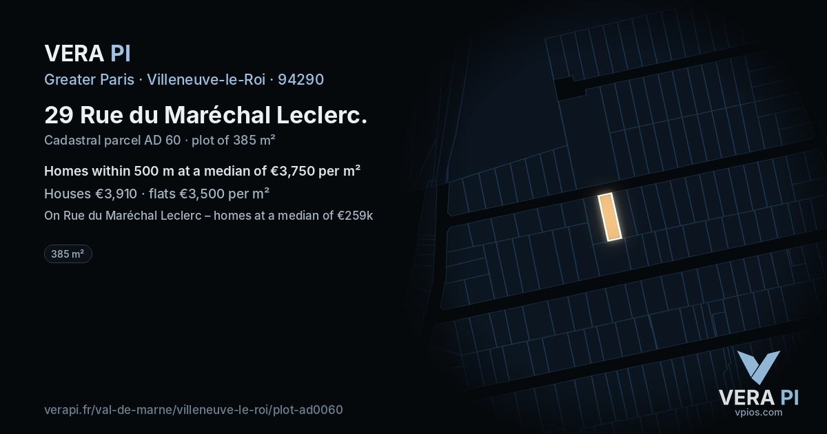 29 Rue du Maréchal Leclerc, Villeneuve-le-Roi at night – the plot lit, the parcels around coloured by the prices near them