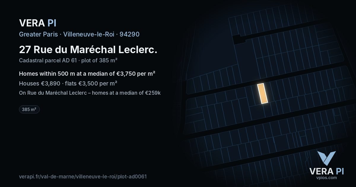 27 Rue du Maréchal Leclerc, Villeneuve-le-Roi at night – the plot lit, the parcels around coloured by the prices near them