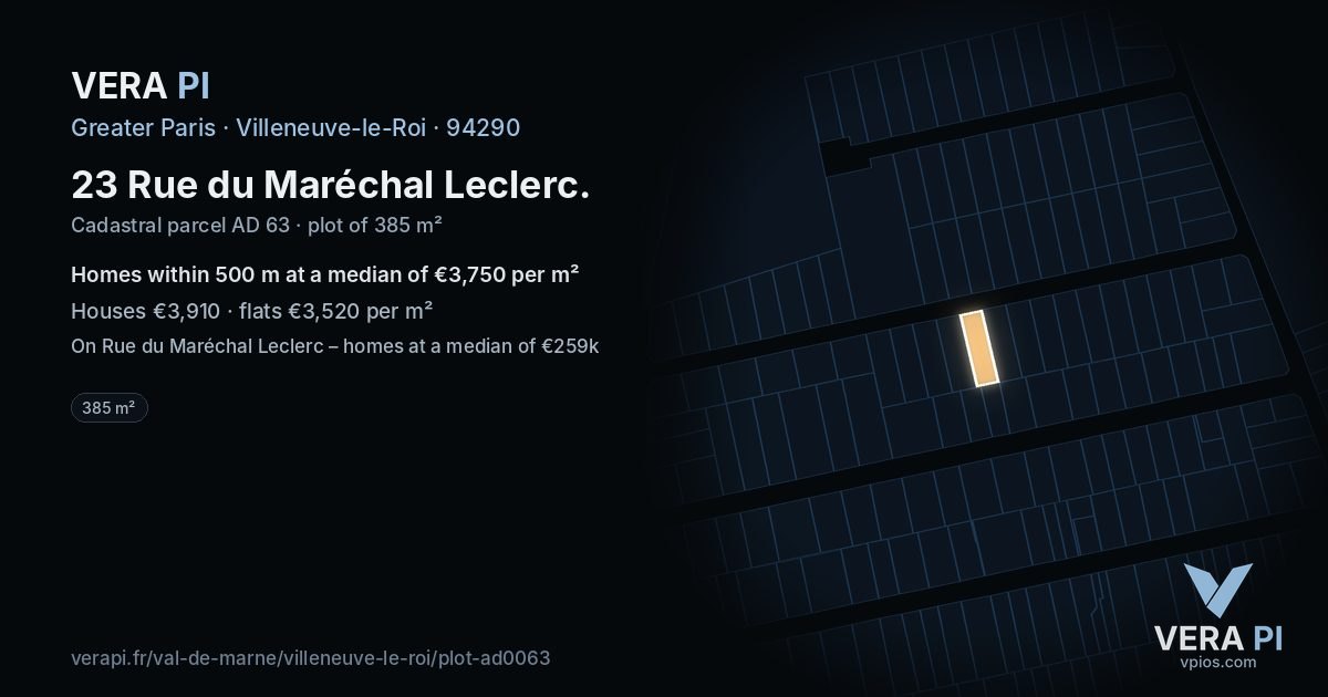 23 Rue du Maréchal Leclerc, Villeneuve-le-Roi at night – the plot lit, the parcels around coloured by the prices near them