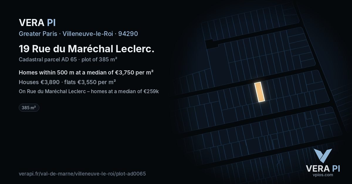 19 Rue du Maréchal Leclerc, Villeneuve-le-Roi at night – the plot lit, the parcels around coloured by the prices near them