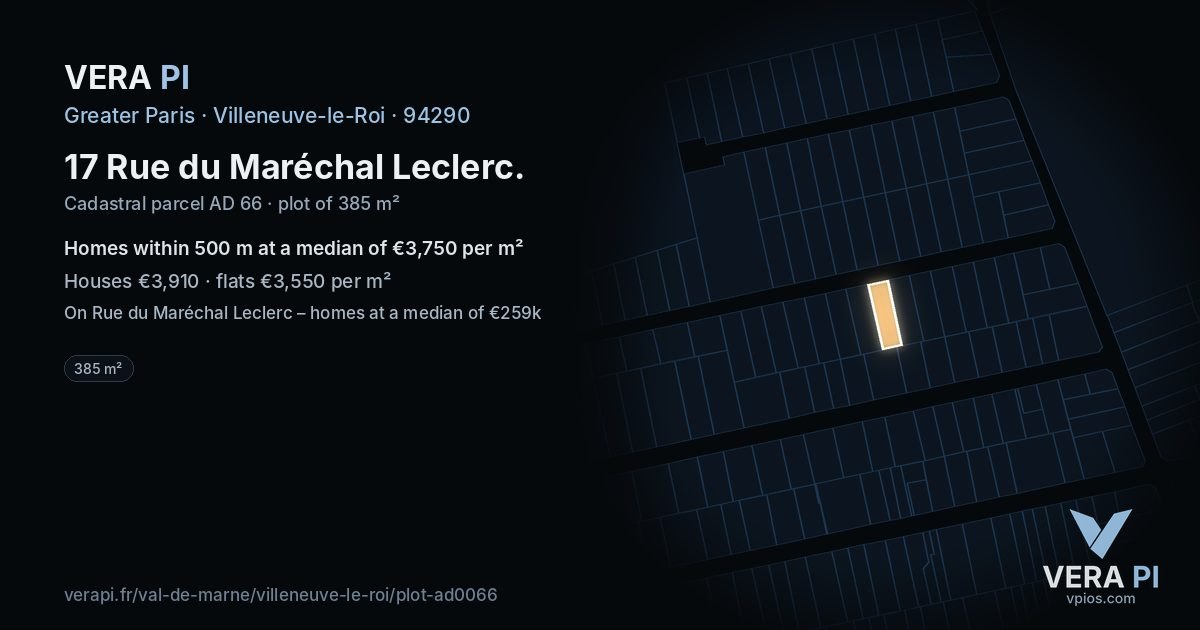 17 Rue du Maréchal Leclerc, Villeneuve-le-Roi at night – the plot lit, the parcels around coloured by the prices near them
