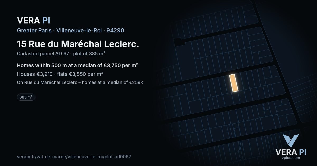 15 Rue du Maréchal Leclerc, Villeneuve-le-Roi at night – the plot lit, the parcels around coloured by the prices near them