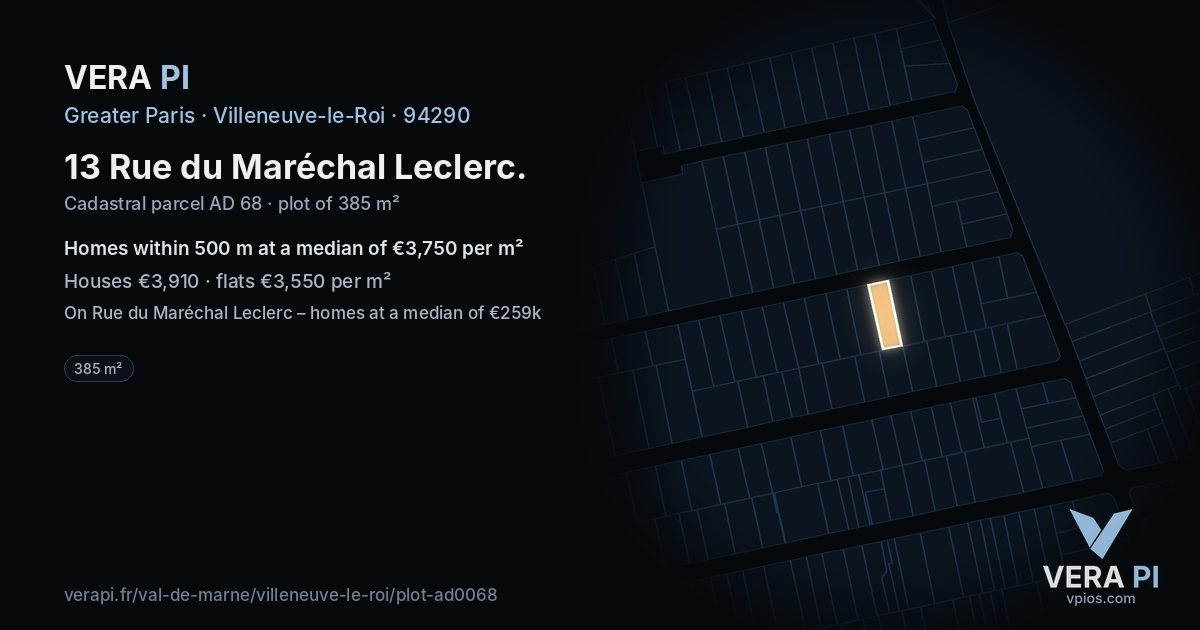 13 Rue du Maréchal Leclerc, Villeneuve-le-Roi at night – the plot lit, the parcels around coloured by the prices near them
