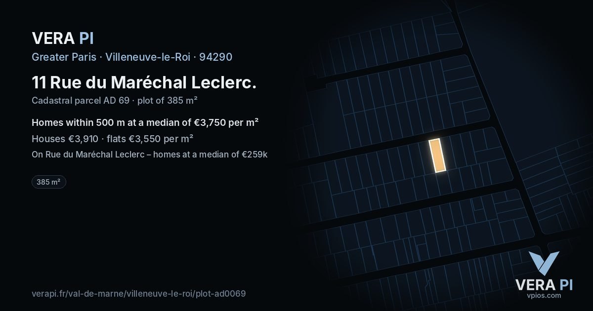 11 Rue du Maréchal Leclerc, Villeneuve-le-Roi at night – the plot lit, the parcels around coloured by the prices near them