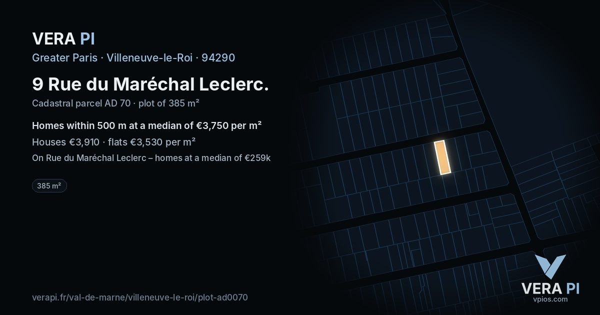 9 Rue du Maréchal Leclerc, Villeneuve-le-Roi at night – the plot lit, the parcels around coloured by the prices near them