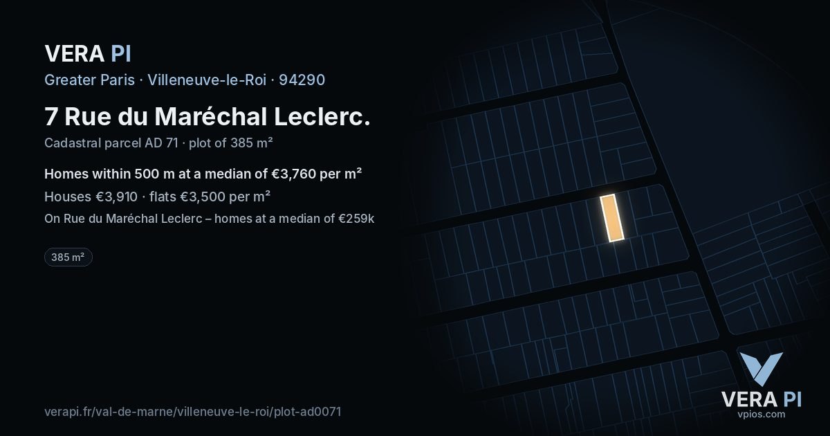 7 Rue du Maréchal Leclerc, Villeneuve-le-Roi at night – the plot lit, the parcels around coloured by the prices near them