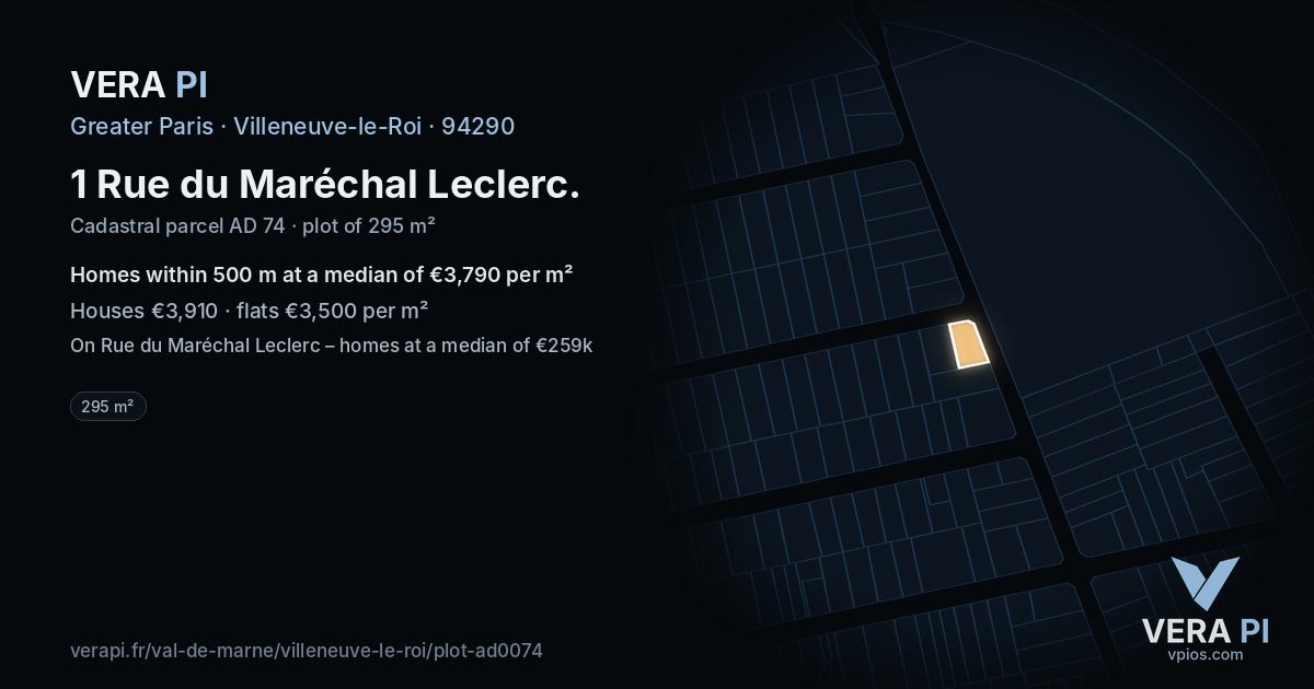 1 Rue du Maréchal Leclerc, Villeneuve-le-Roi at night – the plot lit, the parcels around coloured by the prices near them