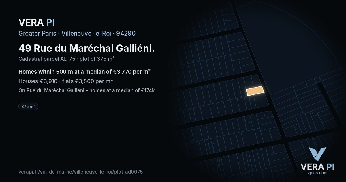 49 Rue du Maréchal Galliéni, Villeneuve-le-Roi at night – the plot lit, the parcels around coloured by the prices near them