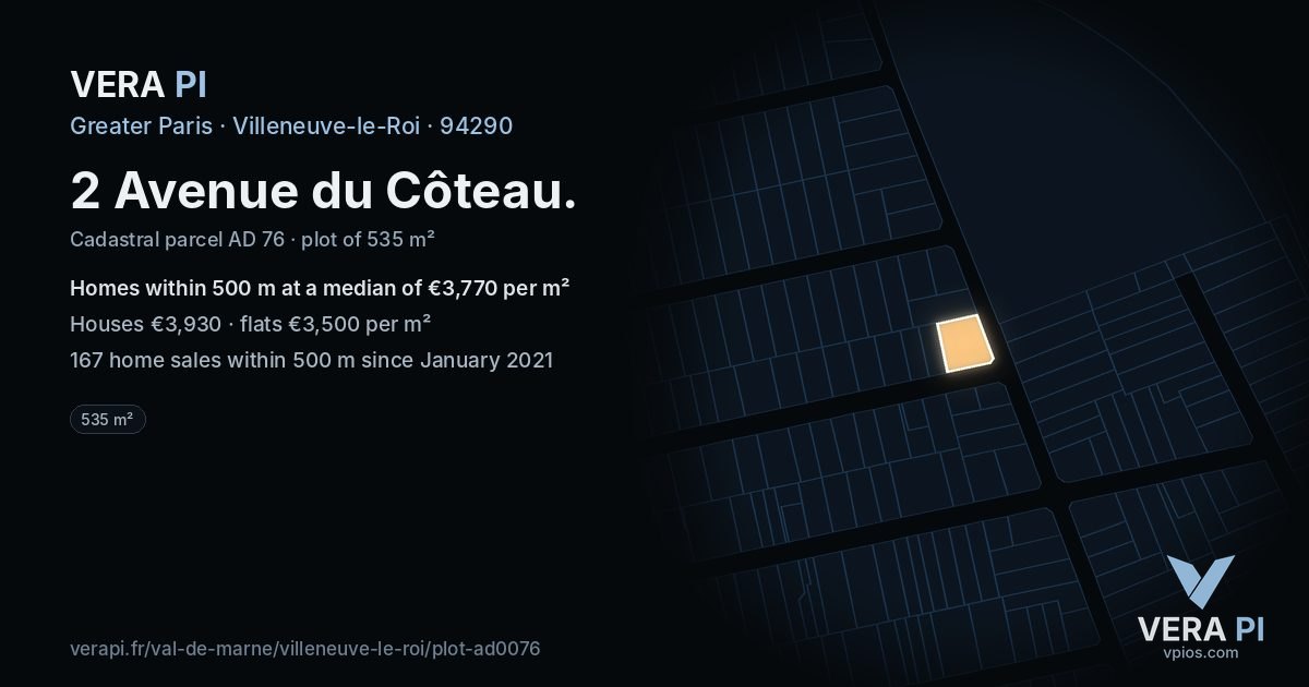2 Avenue du Côteau, Villeneuve-le-Roi at night – the plot lit, the parcels around coloured by the prices near them