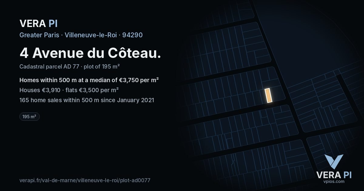 4 Avenue du Côteau, Villeneuve-le-Roi at night – the plot lit, the parcels around coloured by the prices near them