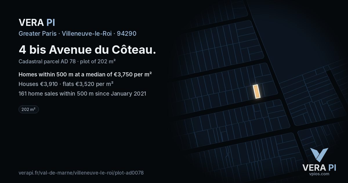 4 bis Avenue du Côteau, Villeneuve-le-Roi at night – the plot lit, the parcels around coloured by the prices near them