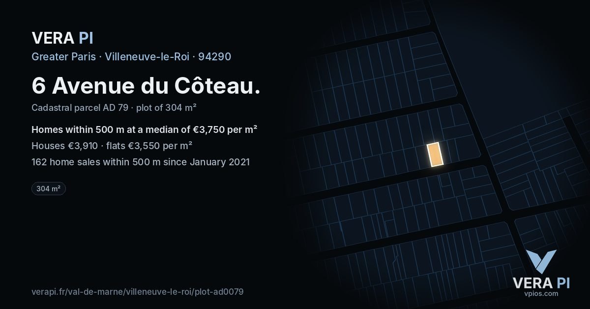 6 Avenue du Côteau, Villeneuve-le-Roi at night – the plot lit, the parcels around coloured by the prices near them