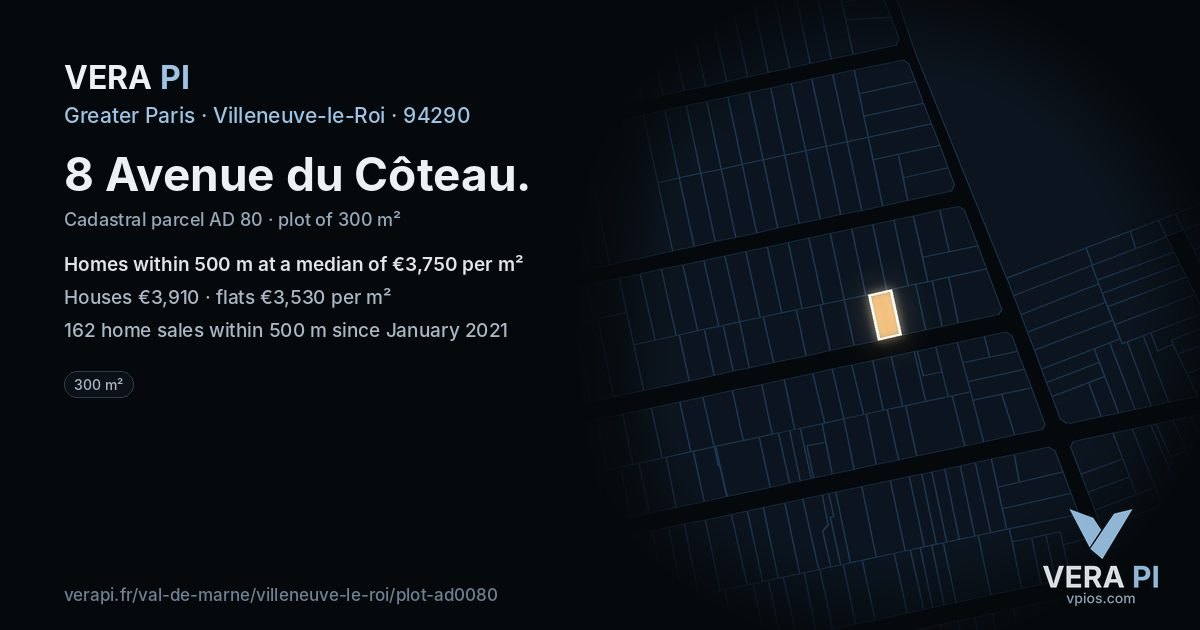 8 Avenue du Côteau, Villeneuve-le-Roi at night – the plot lit, the parcels around coloured by the prices near them