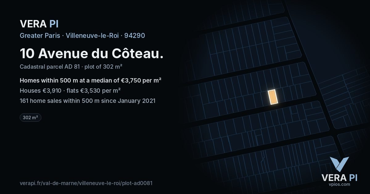 10 Avenue du Côteau, Villeneuve-le-Roi at night – the plot lit, the parcels around coloured by the prices near them