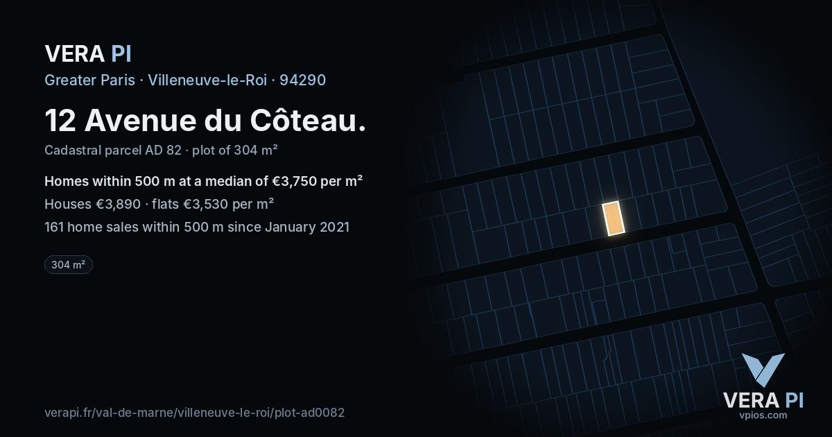 12 Avenue du Côteau, Villeneuve-le-Roi at night – the plot lit, the parcels around coloured by the prices near them