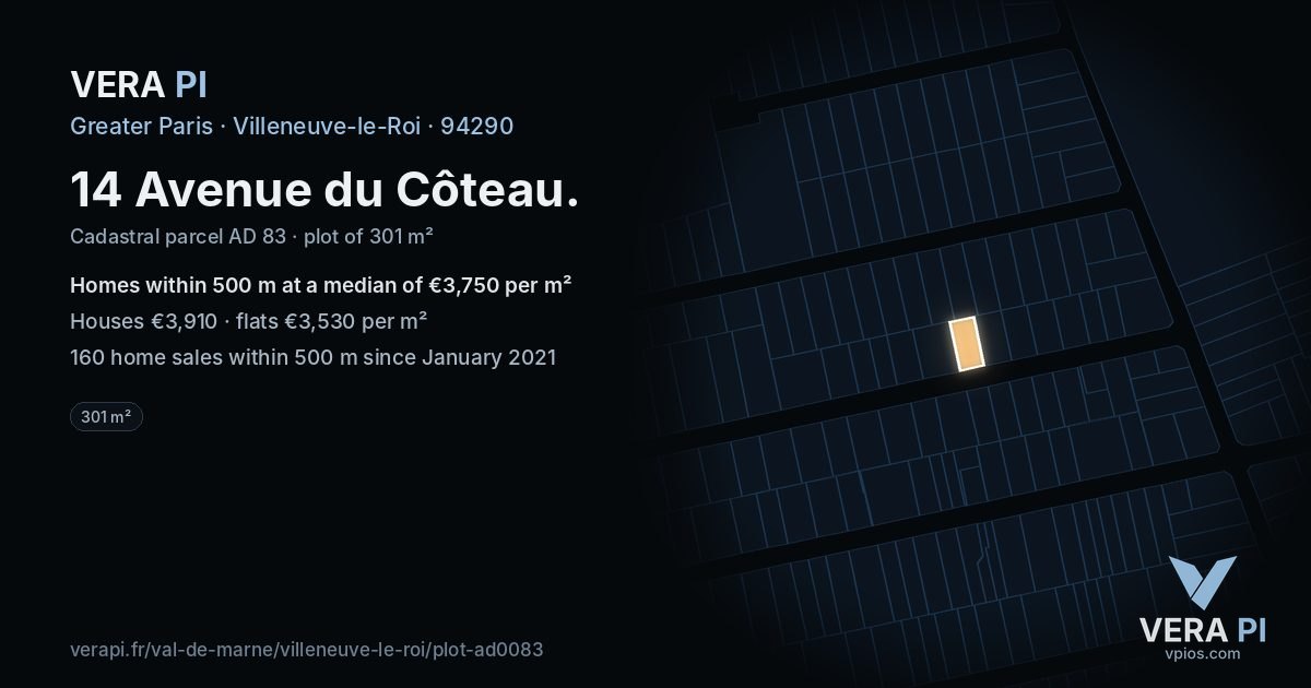 14 Avenue du Côteau, Villeneuve-le-Roi at night – the plot lit, the parcels around coloured by the prices near them