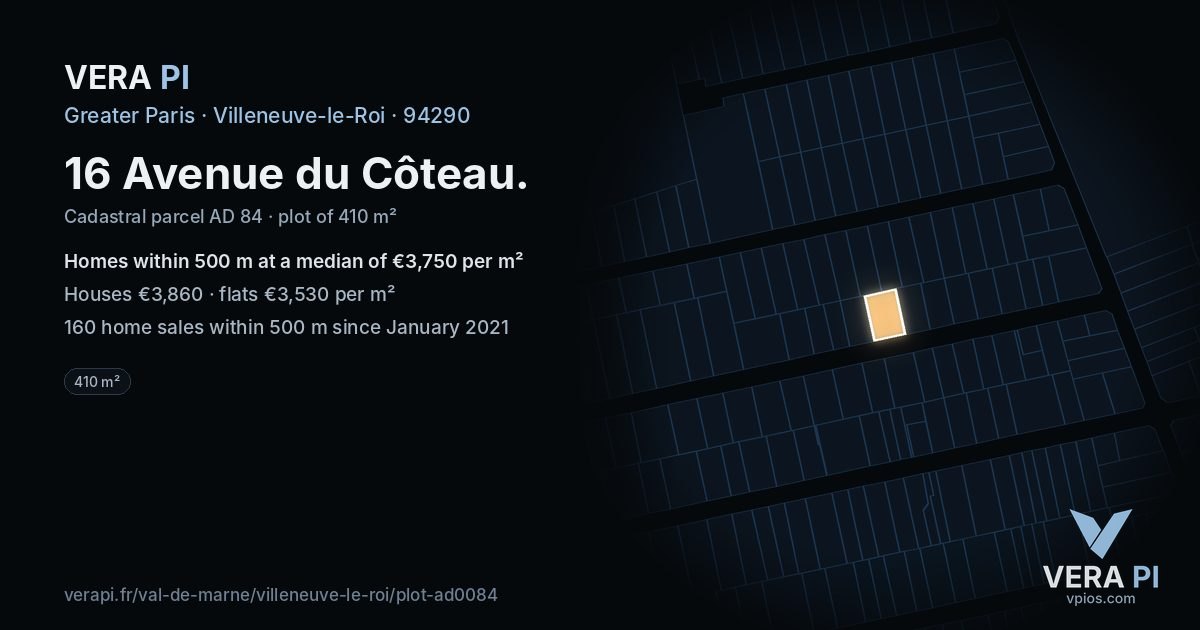 16 Avenue du Côteau, Villeneuve-le-Roi at night – the plot lit, the parcels around coloured by the prices near them