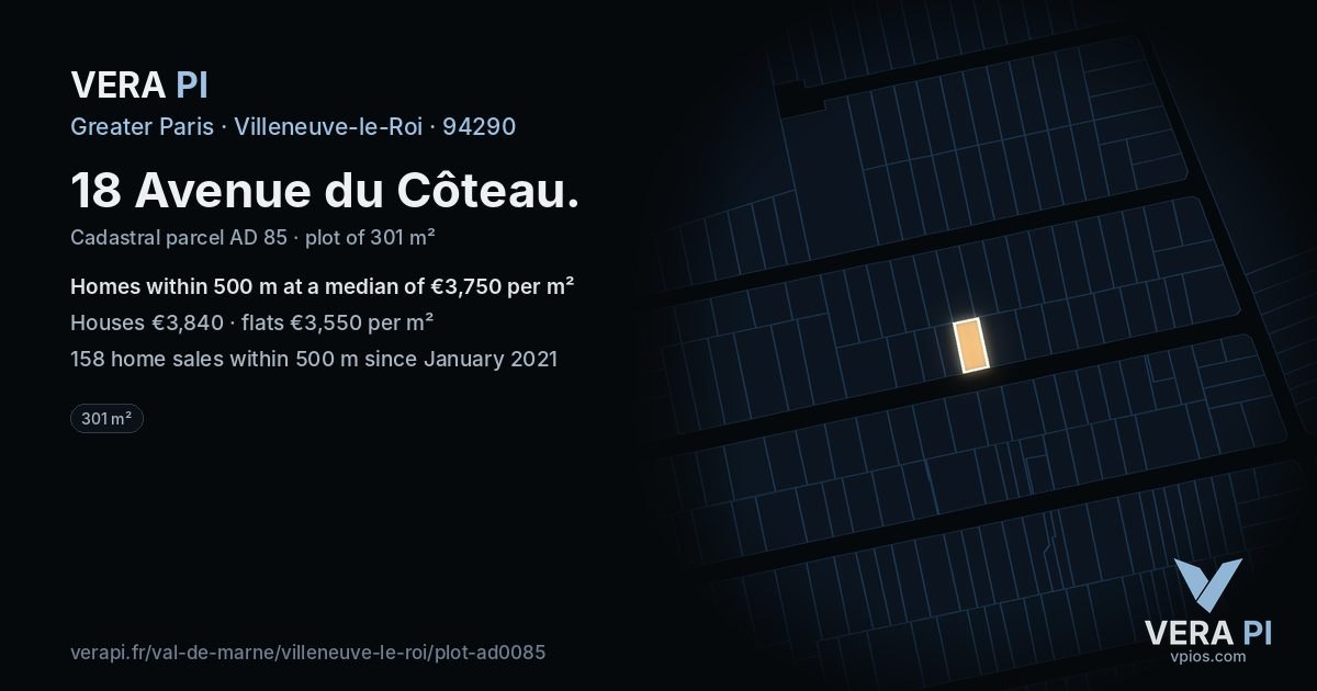 18 Avenue du Côteau, Villeneuve-le-Roi at night – the plot lit, the parcels around coloured by the prices near them