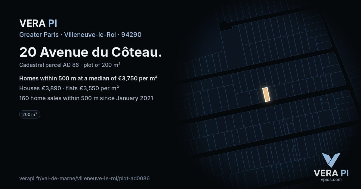 20 Avenue du Côteau, Villeneuve-le-Roi at night – the plot lit, the parcels around coloured by the prices near them