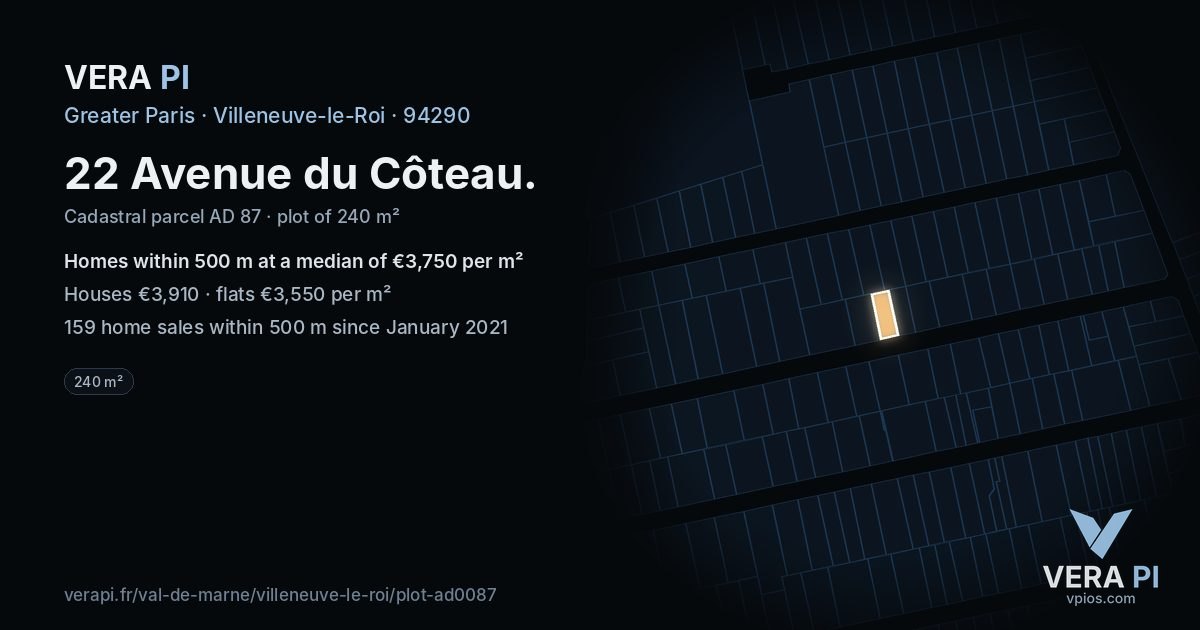 22 Avenue du Côteau, Villeneuve-le-Roi at night – the plot lit, the parcels around coloured by the prices near them