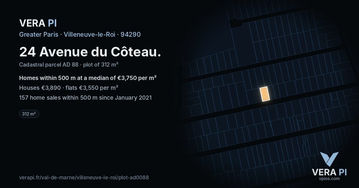 24 Avenue du Côteau, Villeneuve-le-Roi at night – the plot lit, the parcels around coloured by the prices near them