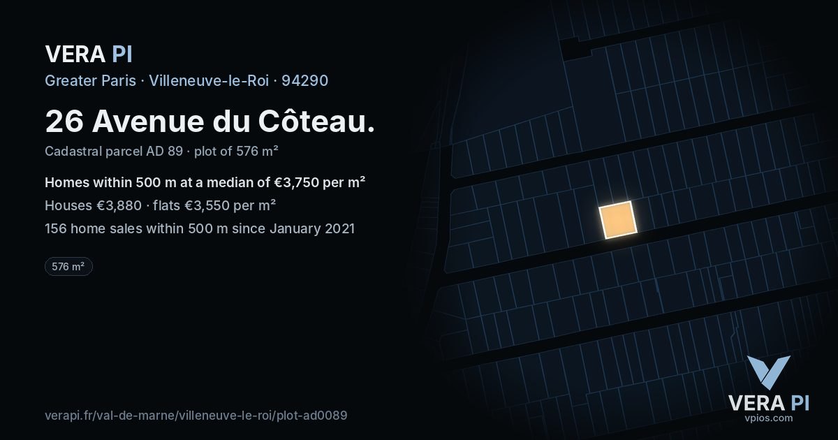 26 Avenue du Côteau, Villeneuve-le-Roi at night – the plot lit, the parcels around coloured by the prices near them