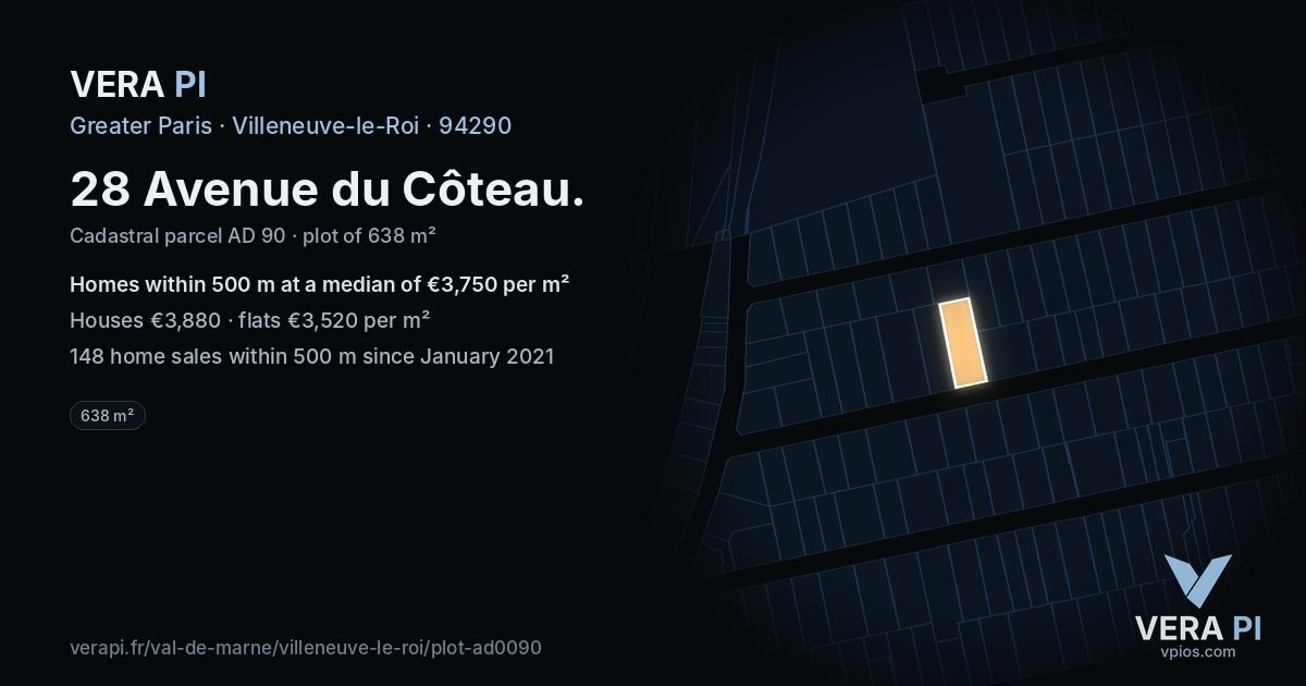 28 Avenue du Côteau, Villeneuve-le-Roi at night – the plot lit, the parcels around coloured by the prices near them