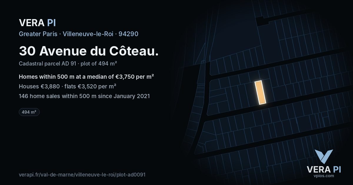 30 Avenue du Côteau, Villeneuve-le-Roi at night – the plot lit, the parcels around coloured by the prices near them