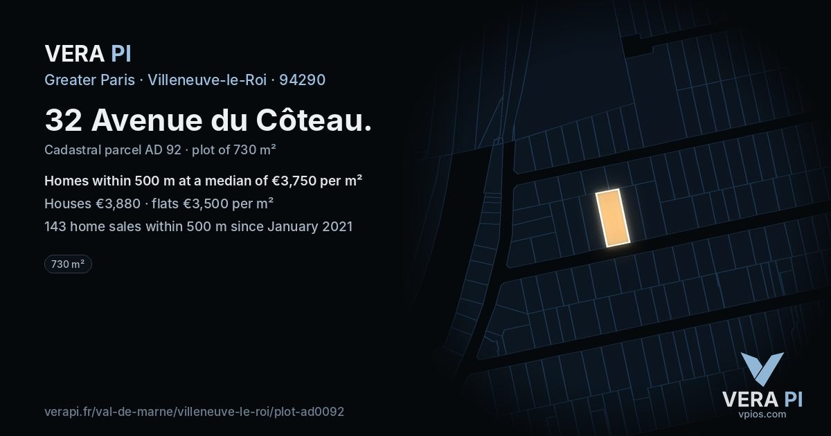32 Avenue du Côteau, Villeneuve-le-Roi at night – the plot lit, the parcels around coloured by the prices near them