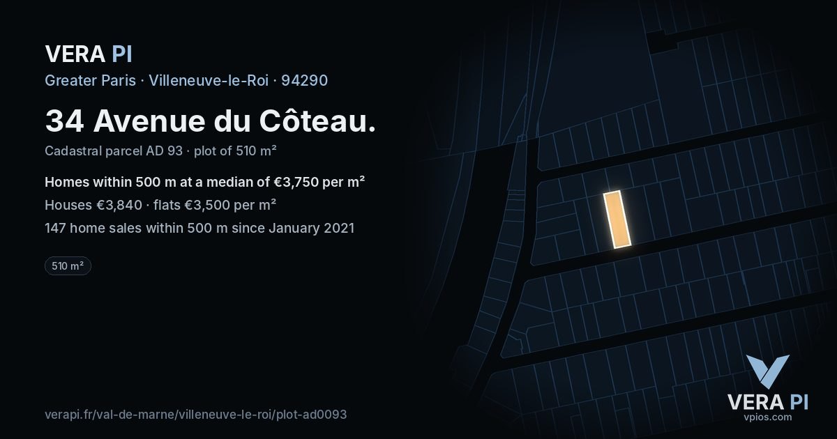 34 Avenue du Côteau, Villeneuve-le-Roi at night – the plot lit, the parcels around coloured by the prices near them