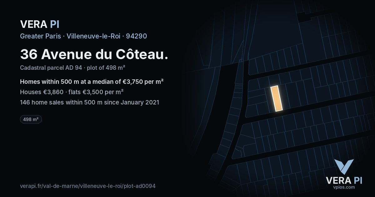 36 Avenue du Côteau, Villeneuve-le-Roi at night – the plot lit, the parcels around coloured by the prices near them