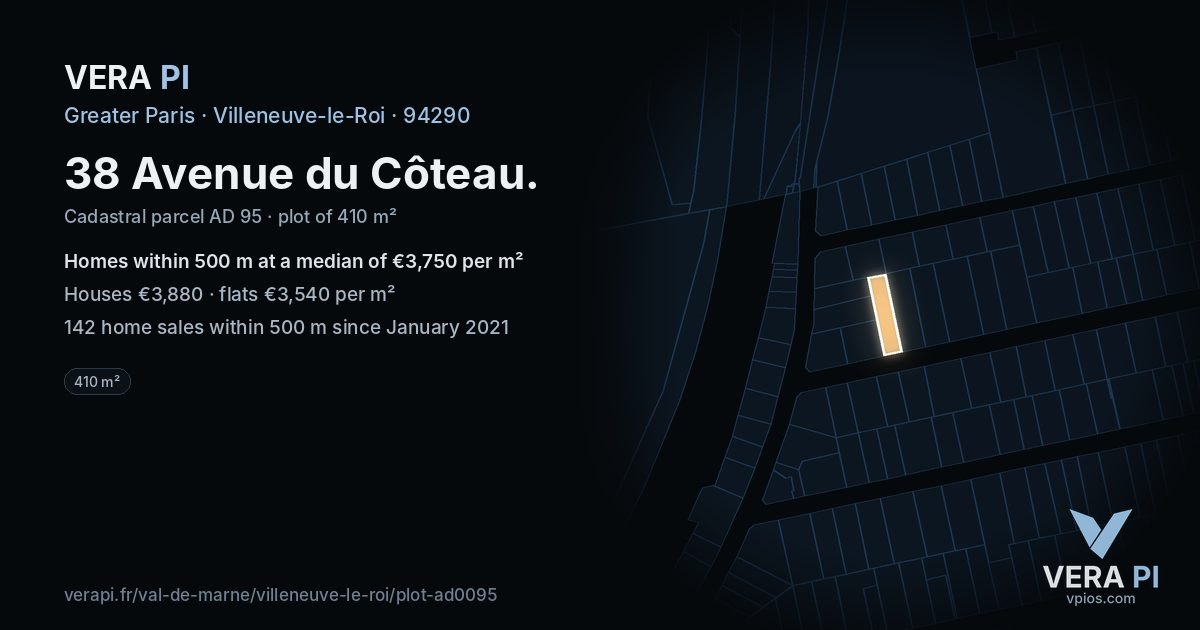 38 Avenue du Côteau, Villeneuve-le-Roi at night – the plot lit, the parcels around coloured by the prices near them