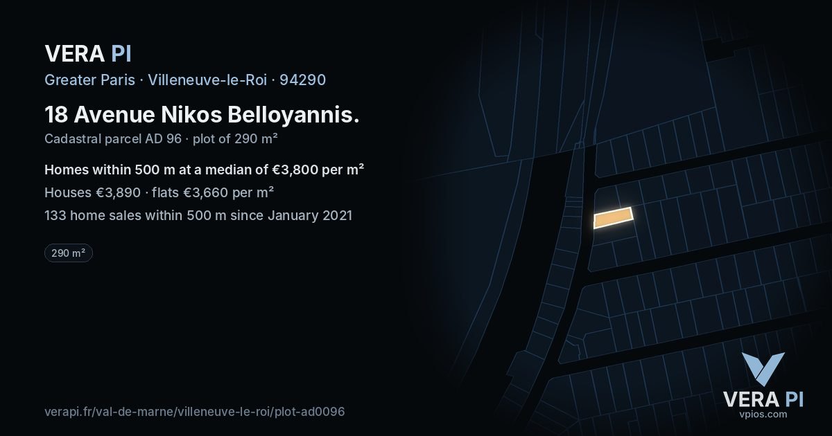 18 Avenue Nikos Belloyannis, Villeneuve-le-Roi at night – the plot lit, the parcels around coloured by the prices near them