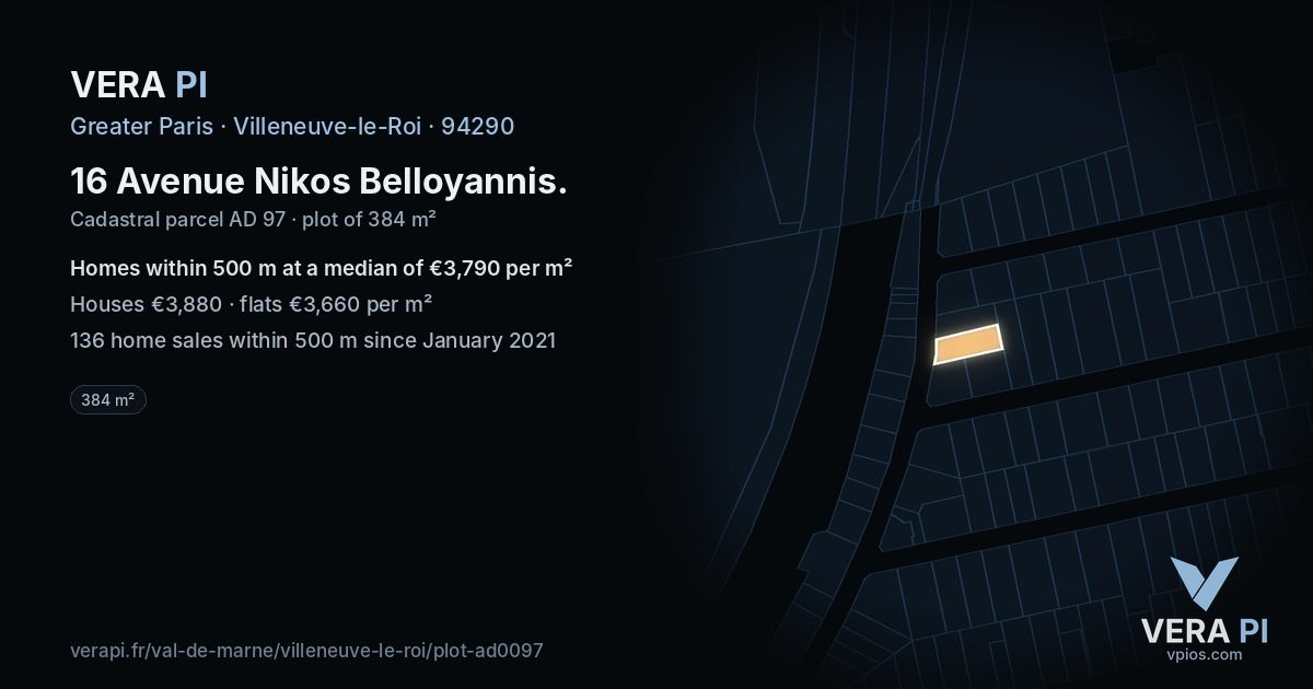 16 Avenue Nikos Belloyannis, Villeneuve-le-Roi at night – the plot lit, the parcels around coloured by the prices near them