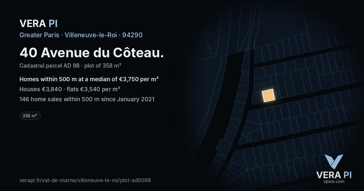 40 Avenue du Côteau, Villeneuve-le-Roi at night – the plot lit, the parcels around coloured by the prices near them