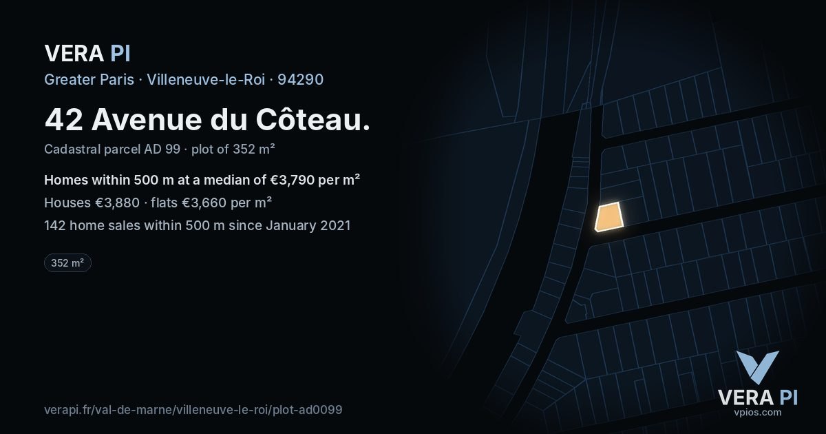 42 Avenue du Côteau, Villeneuve-le-Roi at night – the plot lit, the parcels around coloured by the prices near them