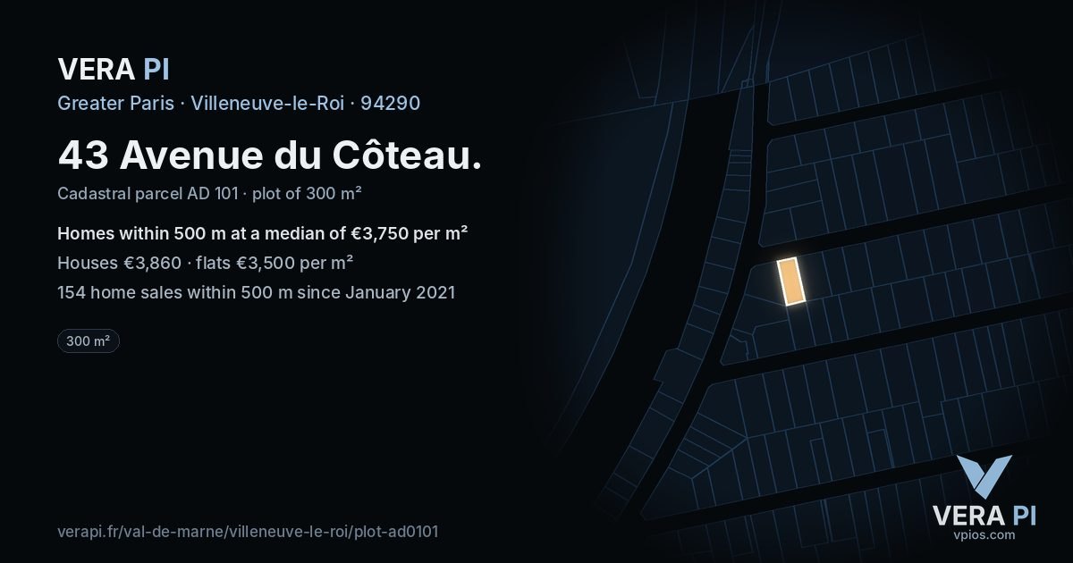 43 Avenue du Côteau, Villeneuve-le-Roi at night – the plot lit, the parcels around coloured by the prices near them